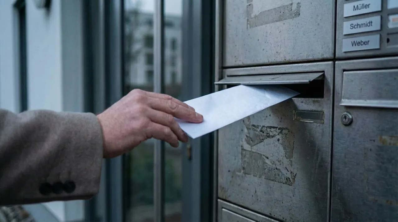 Hand wirft ein Schreiben in einen Hausbriefkasten