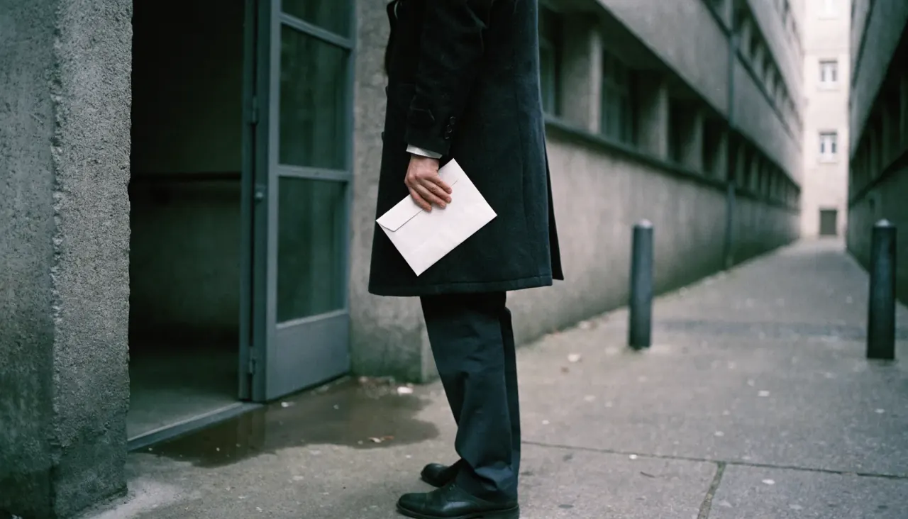 Person mit einem Schreiben vor dem Eingang eines Wohnhauses